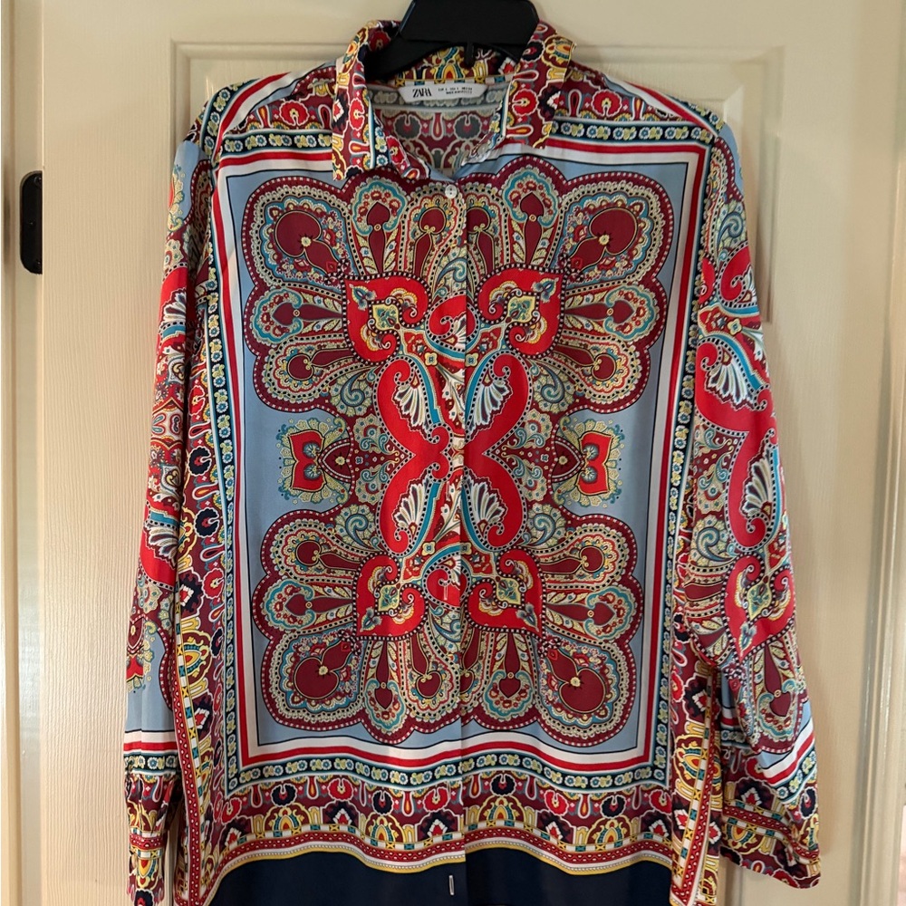 Zara Red and Light Blue Paisley Print Blouse